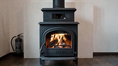 Black cast iron wood stove burning