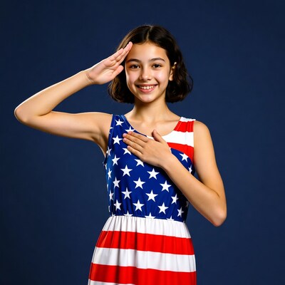 Girl saluting in American flag dress