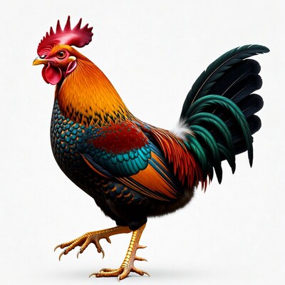 Colorful Rooster Standing on White Background