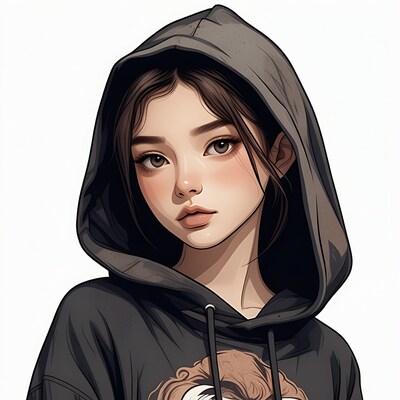Asian girl in black hoodie illustration
