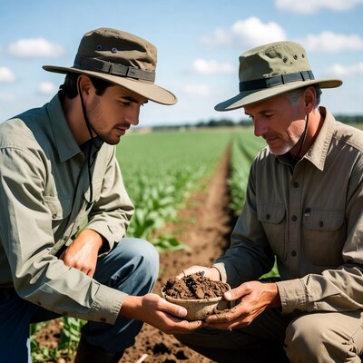 Farmers examining soil in crop field