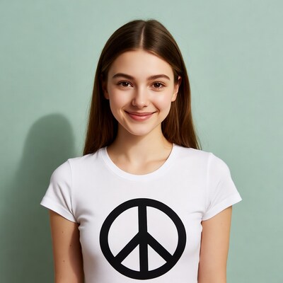 Girl smiling in white peace sign t-shirt