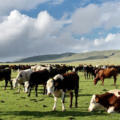 Herd of cows grazing green pasture