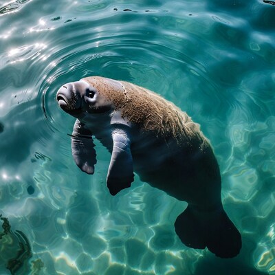 Manatee floating in turquoise water