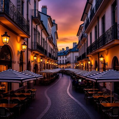 European street cafe at sunset