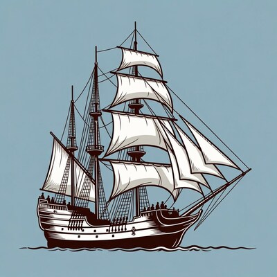 Sailing Ship with Crew Illustration