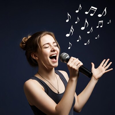 Young woman singing with microphone