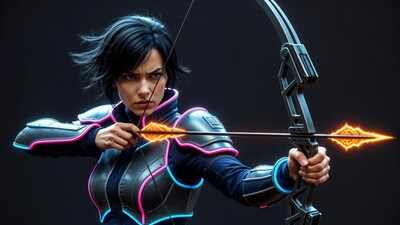 Cyberpunk woman drawing glowing bow