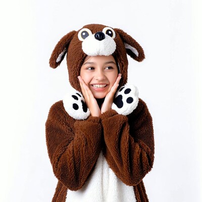 Asian girl in brown dog costume