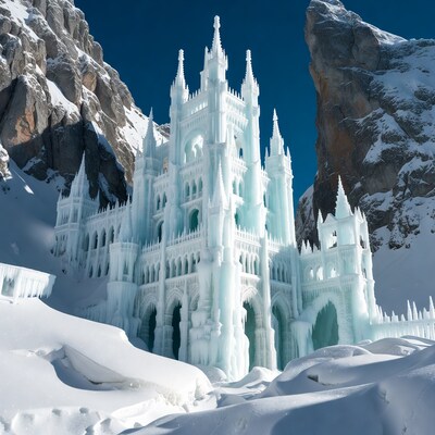 Ice Castle in Snowy Mountains