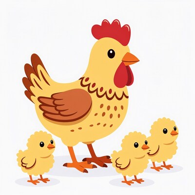 Hen with four chicks illustration