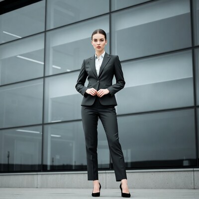 Woman in gray suit against glass building