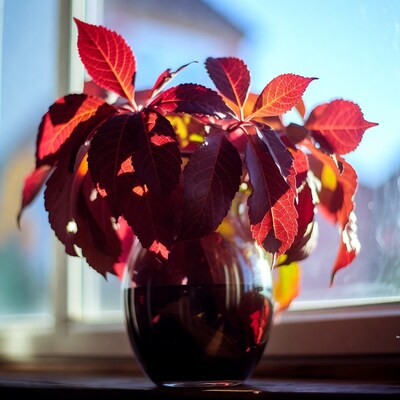 Red Autumn Leaves in Glass Vase