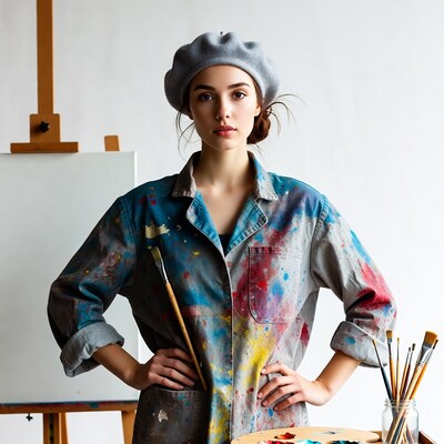 Woman artist with beret and paintbrush