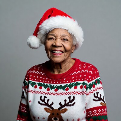 Elderly African-American woman in Santa hat