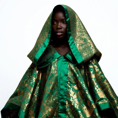 African woman in green gold hooded cape