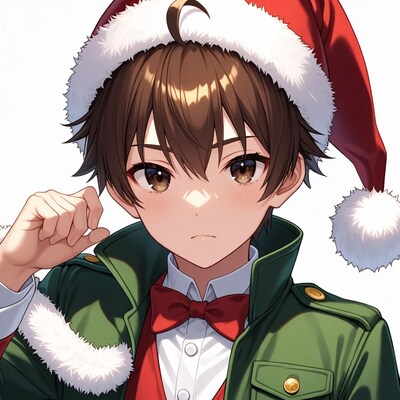 Anime boy in Santa hat making peace sign