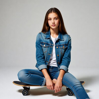 Teen girl sitting on skateboard