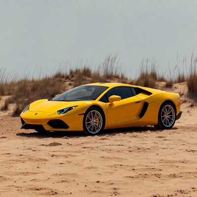 Yellow Lamborghini Aventador on beach