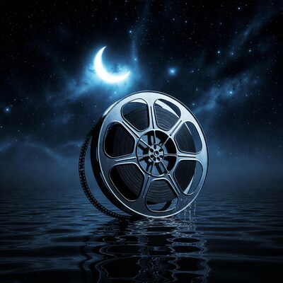 Film Reel on Water Under Night Sky