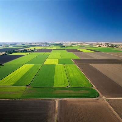 Aerial view of colorful patchwork farmland