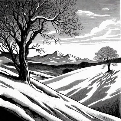 Winter landscape with bare trees and mountains