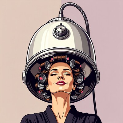Woman under hair dryer with curlers