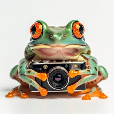 Red-eyed tree frog holding camera
