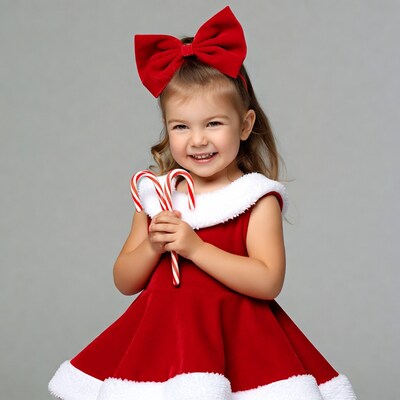 Girl in red Santa dress holding candy canes