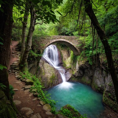 Stone Arch Bridge over Waterfall