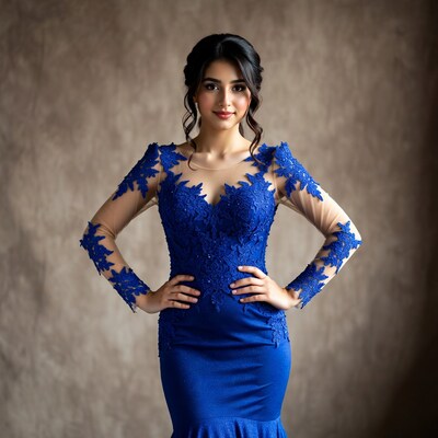 Indian woman in blue lace gown