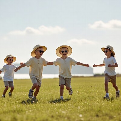 Children running in grass with hats
