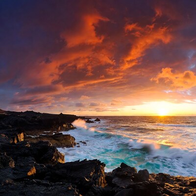 Sunset over crashing waves on volcanic rocks