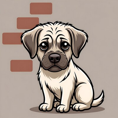 Sad puppy sitting by brick wall