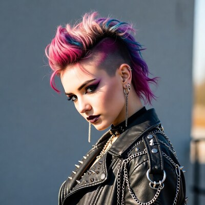 Woman with colorful mohawk punk jacket
