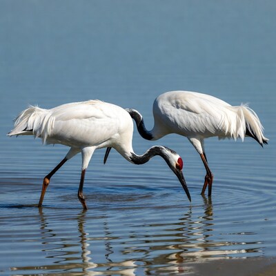 Two Sandhill Cranes Feeding in Water