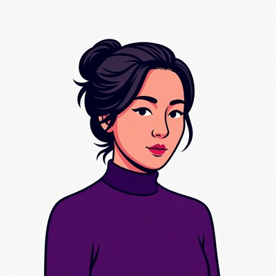Asian woman with bun in purple turtleneck