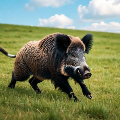 Wild Boar Running in Green Field