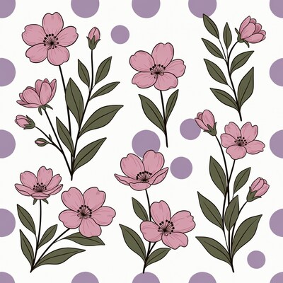 Pink Flowers on Polka Dot Background