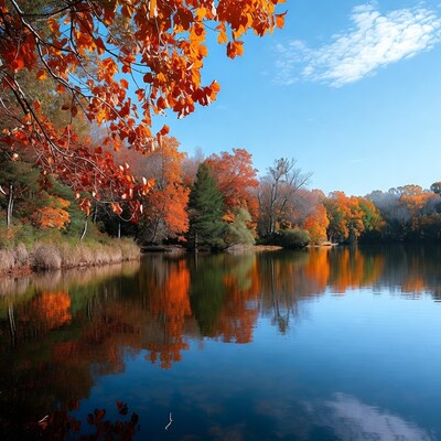 Autumn trees reflecting in lake