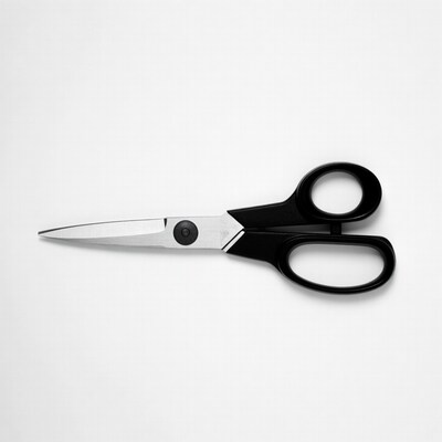 Black-handled scissors on white background