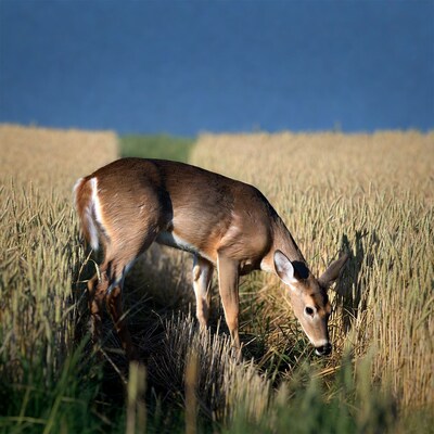White-tailed deer grazing wheat field