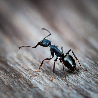Black ant on wooden surface