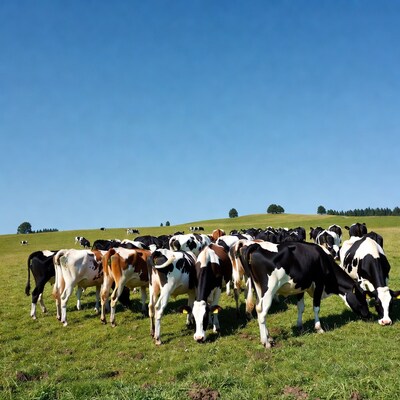 Herd of cows grazing in green pasture