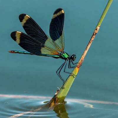 Green dragonfly perched on reed