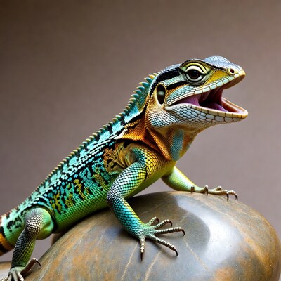 Colorful Iguana Lizard Roaring on Rock