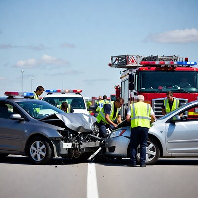 Firefighters at car crash scene