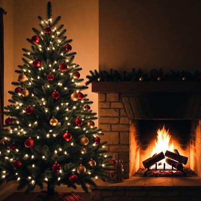 Lit Christmas Tree by Fireplace