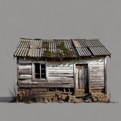 Abandoned Wooden Shack on Gray Background