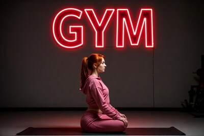 Woman meditating in gym with neon sign